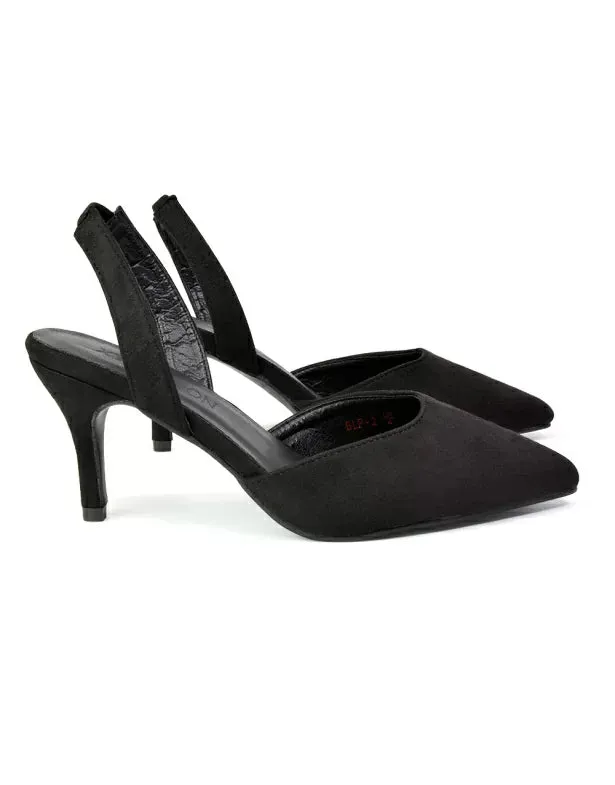 Imogen Pointed Toe Sling Back Stiletto Mid Heel Court Shoes in Black