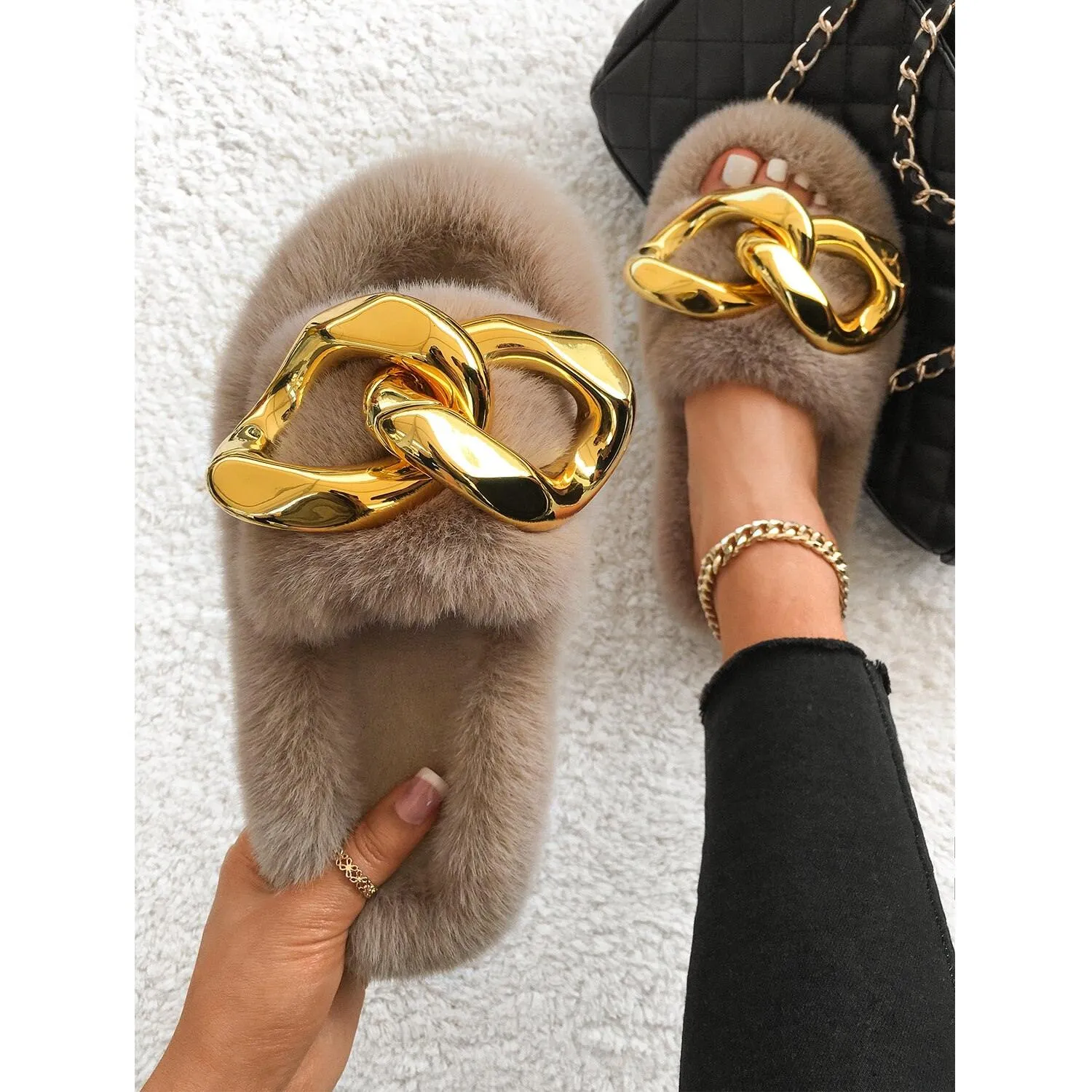 Women's Furry Slides W/ Gold Chain Detail