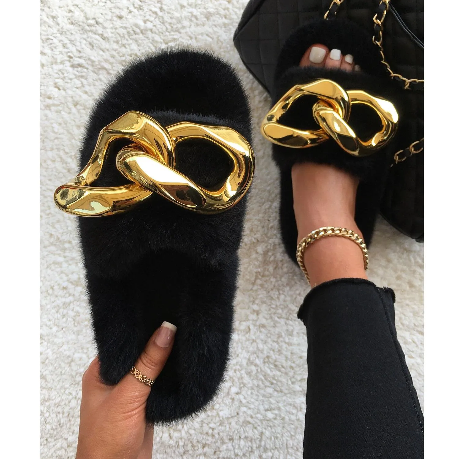 Women's Furry Slides W/ Gold Chain Detail