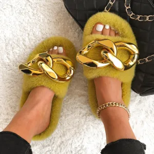 Women's Furry Slides W/ Gold Chain Detail
