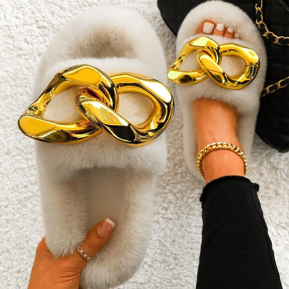 Women's Furry Slides W/ Gold Chain Detail